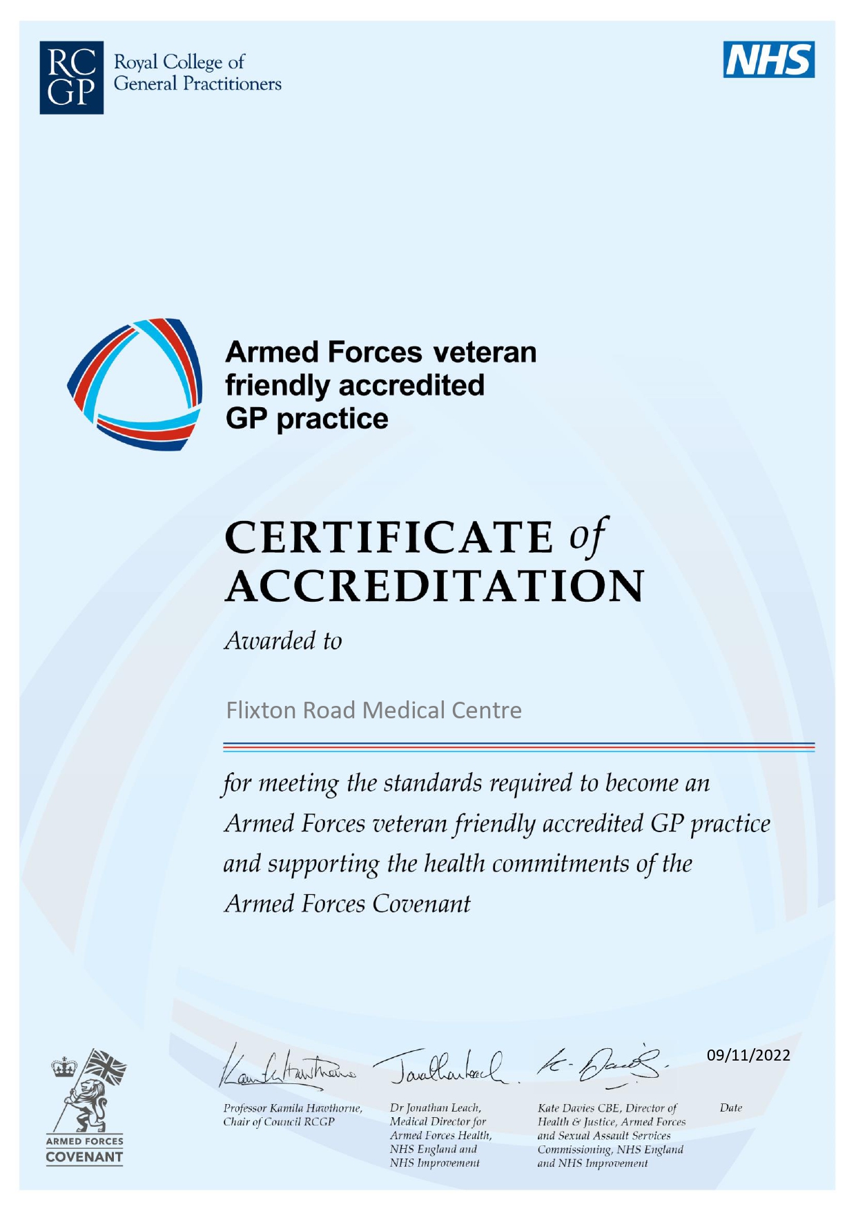 Veteran Friendly Practice Accreditation Certificate